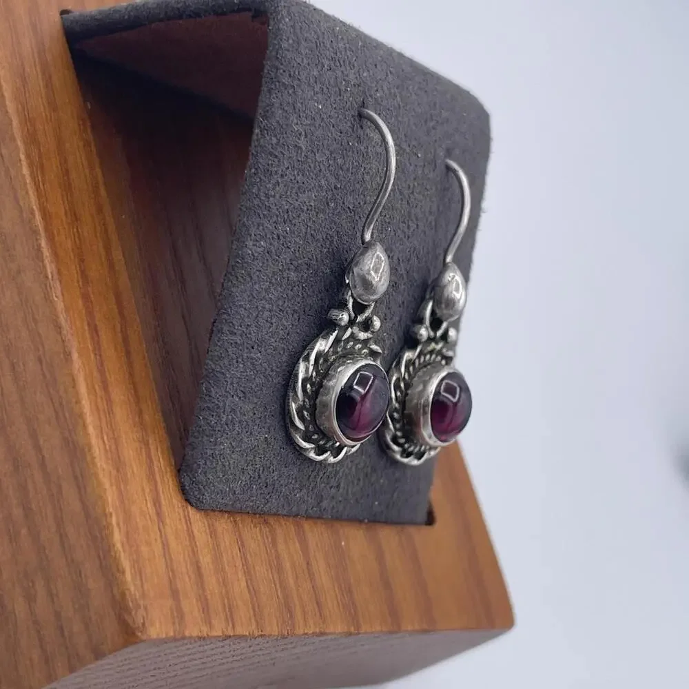 Vintage Sterling Silver Rhodolite Garnet Cabochon Drop Earrings 925 Artisan
